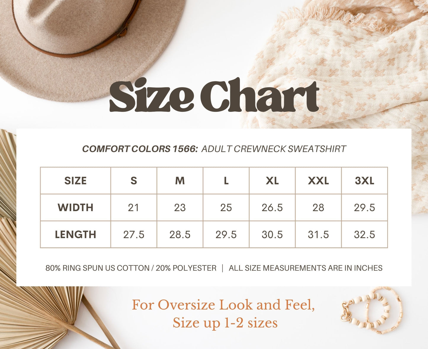 Comfort Colors 1566 adult sweatshirt size chart with width and length measurements.