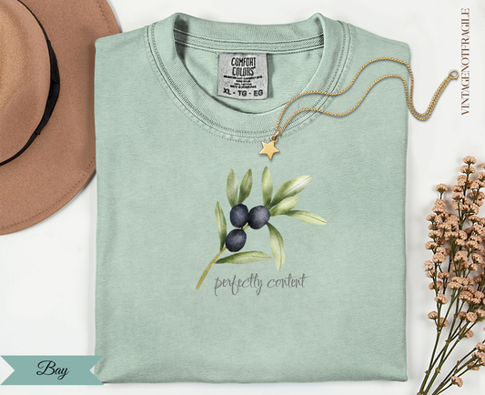 Mint green t-shirt with olive branch illustration and "perfectly content" text.