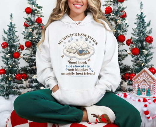 My Winter Essentials Hoodie Hot Chocolate and Book