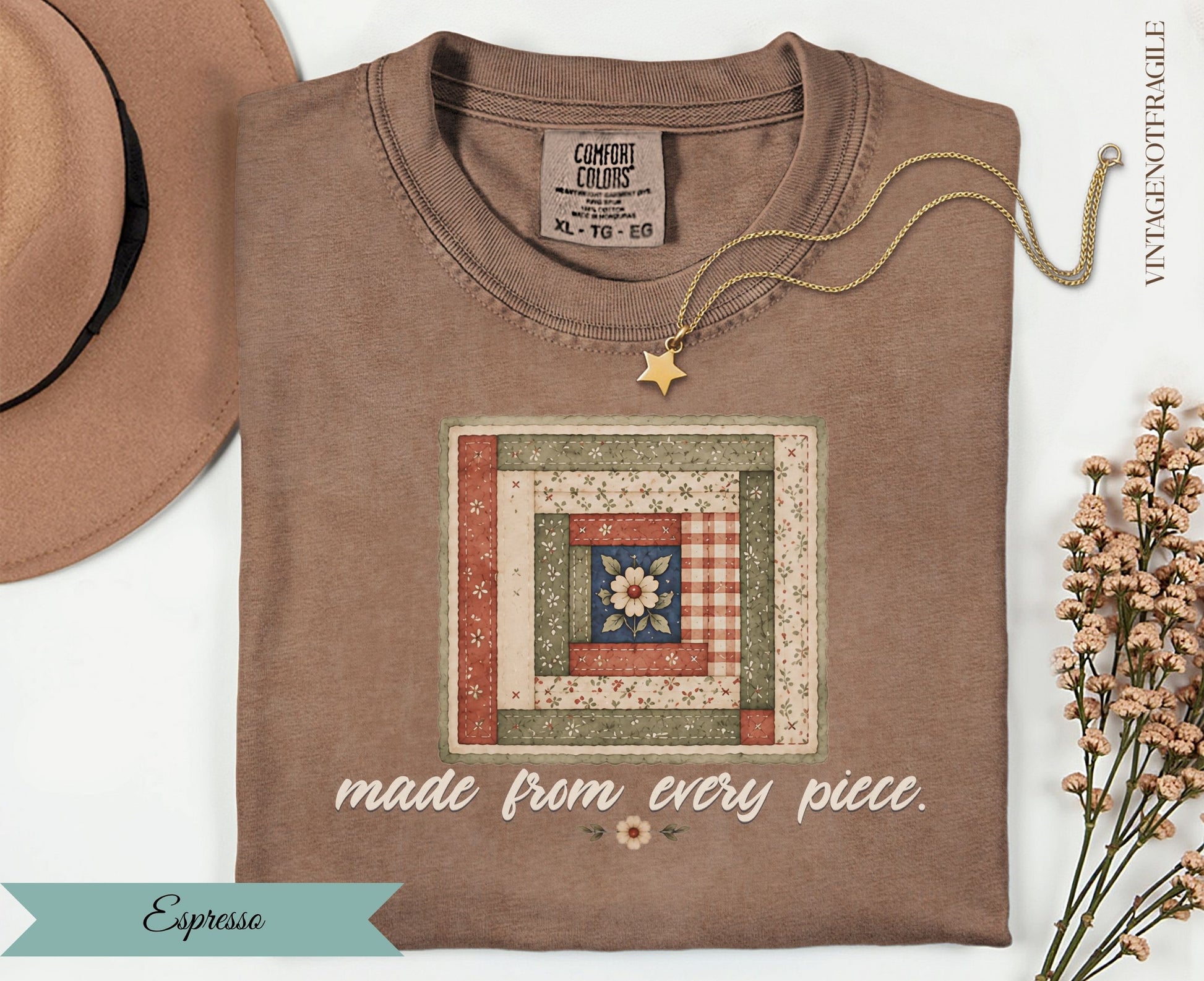 Brown t-shirt with quilt square graphic and text "made from every piece."