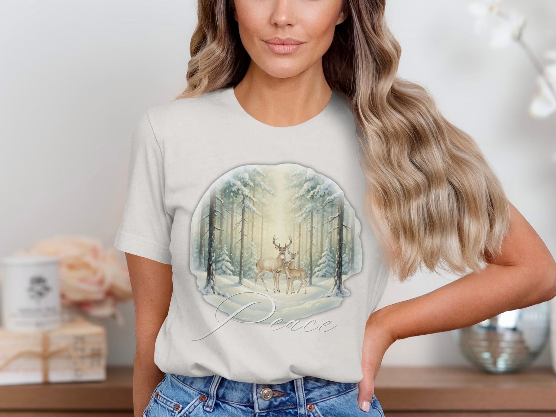 Peaceful Winter Scene with Deer Graphic Tee