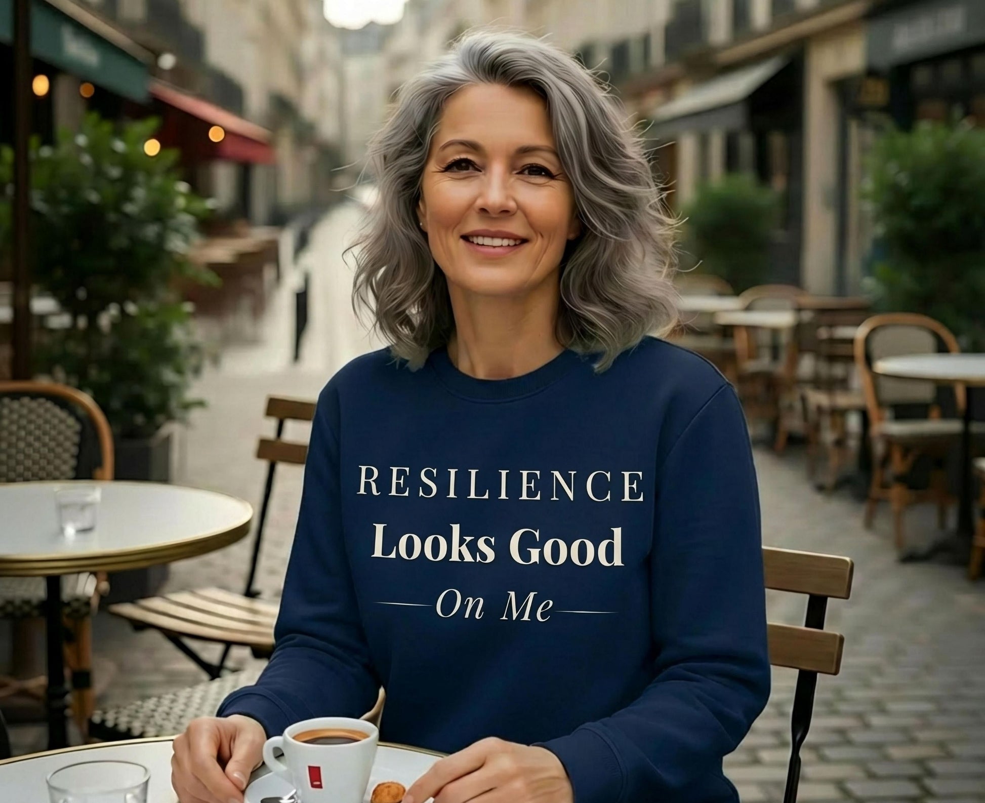 Woman in navy sweatshirt with text "Resilience Looks Good On Me" smiles.