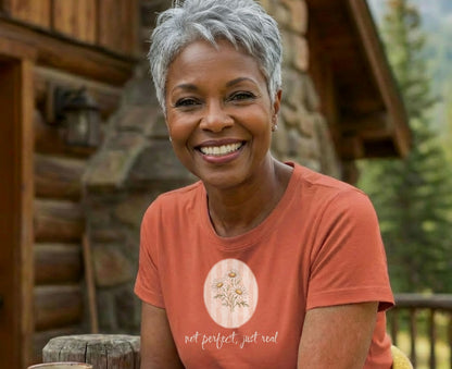 Woman in orange t-shirt with daisy graphic and text "not perfect, just real".