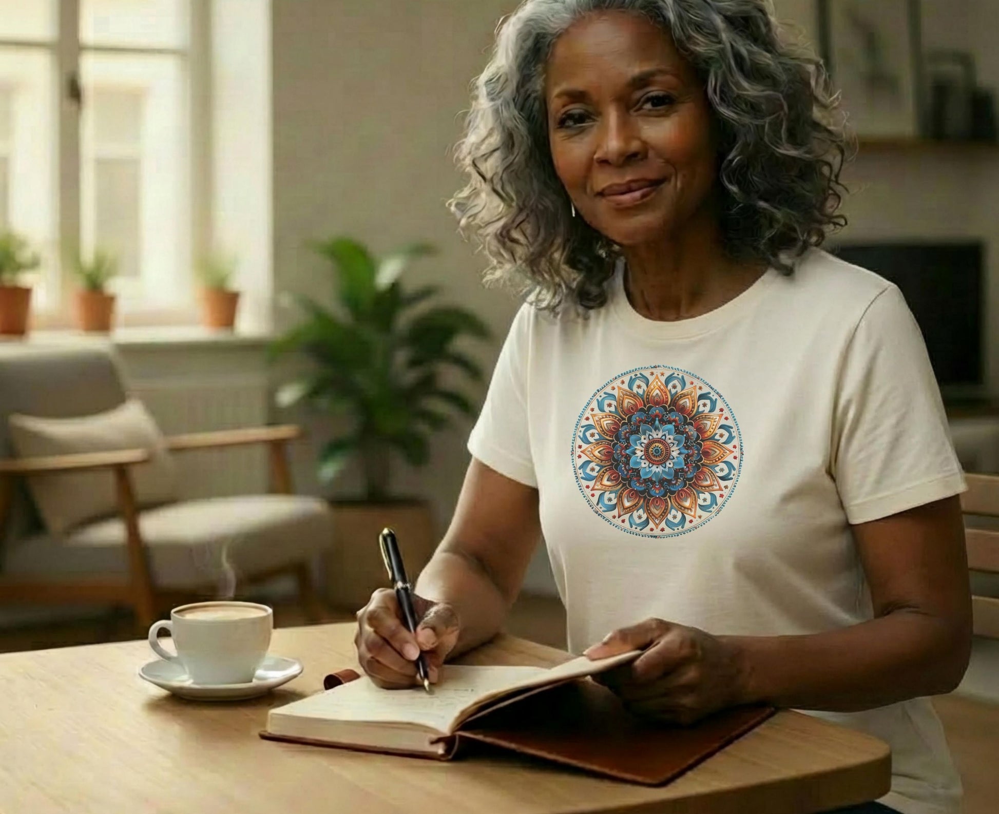 Woman wearing cream t-shirt with colorful mandala design, writing in notebook.