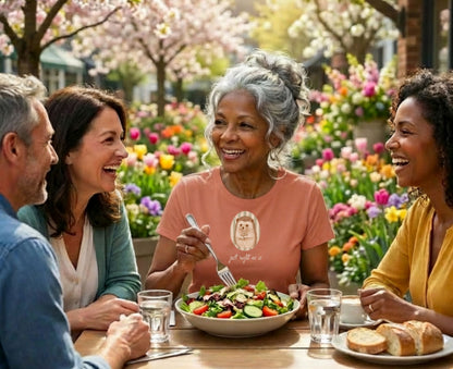 Woman in orange t-shirt with hedgehog graphic smiles while eating salad outdoors.
