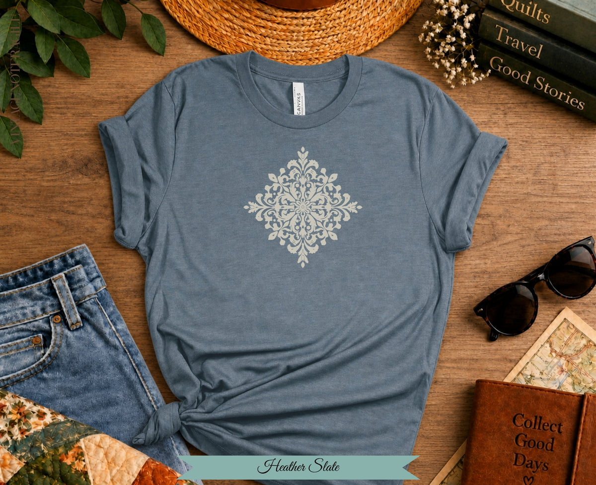 Heather Slate t-shirt with a light cream mandala graphic.