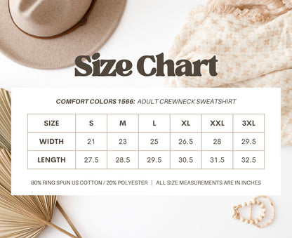 Comfort Colors 1566 adult crewneck sweatshirt size chart with width and length measurements.
