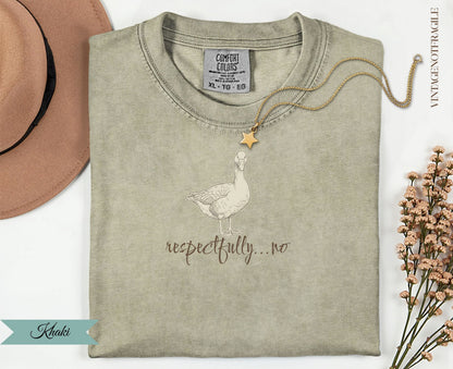 T-shirt with goose illustration and text "respectfully...no", size tag visible.