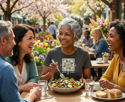Four people share a meal outdoors with a salad in the foreground.