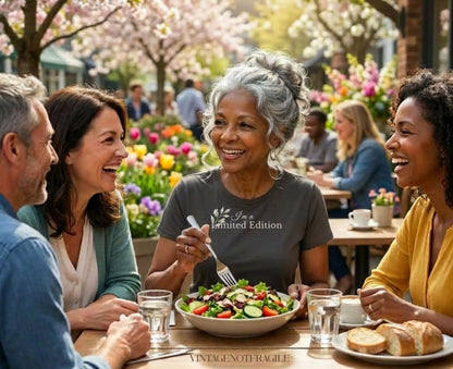 Four smiling adults enjoy a salad and drinks at an outdoor cafe.