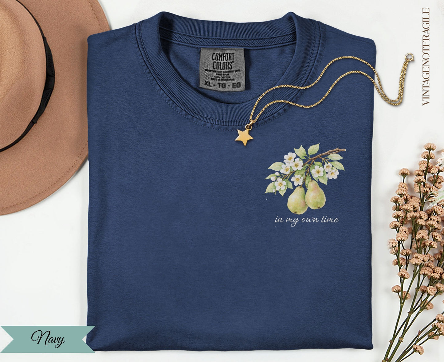 Navy Comfort Colors t-shirt with pears and flowers graphic and text "in my own time."