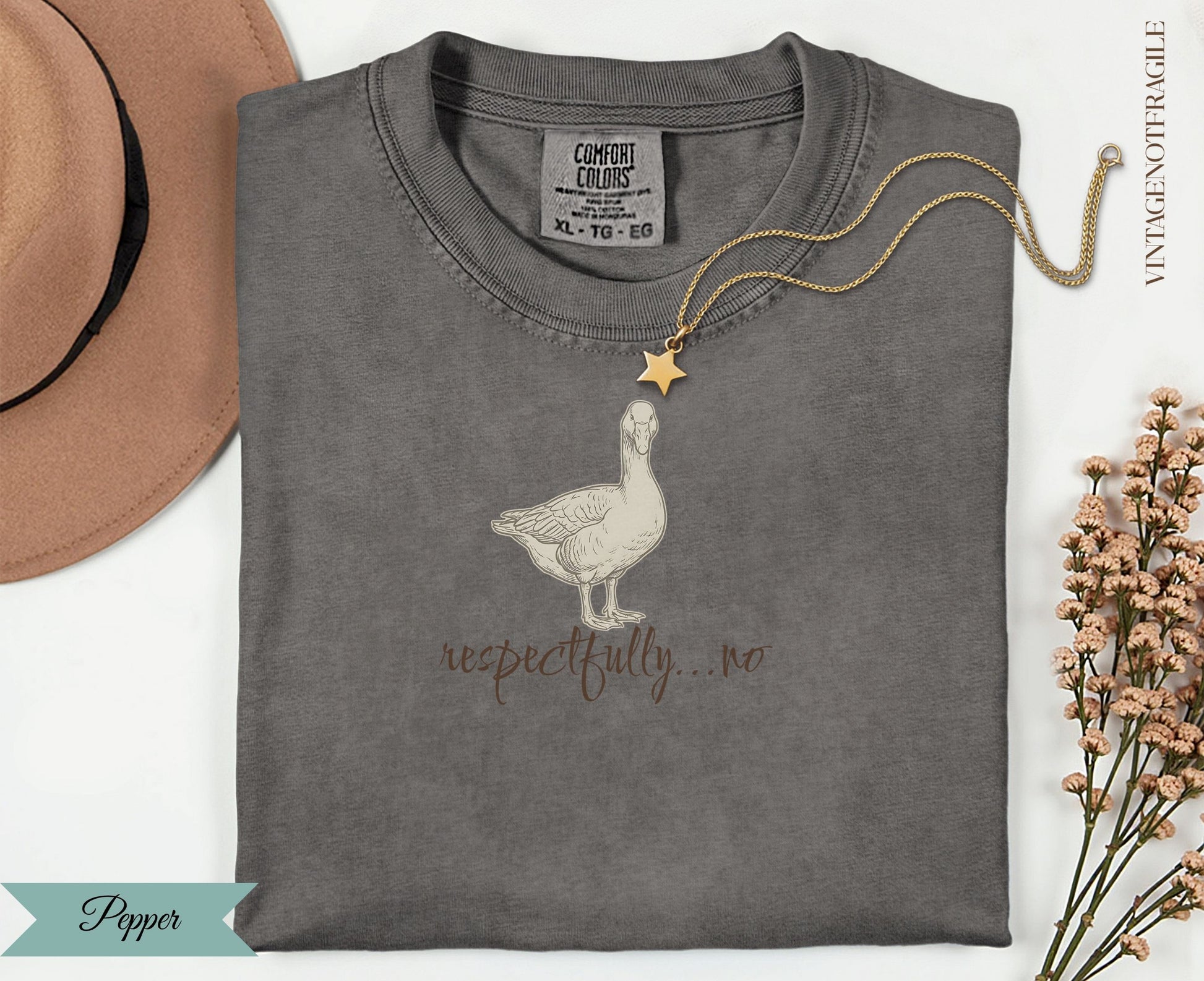 Dark grey t-shirt with a goose and "respectfully...no" text.