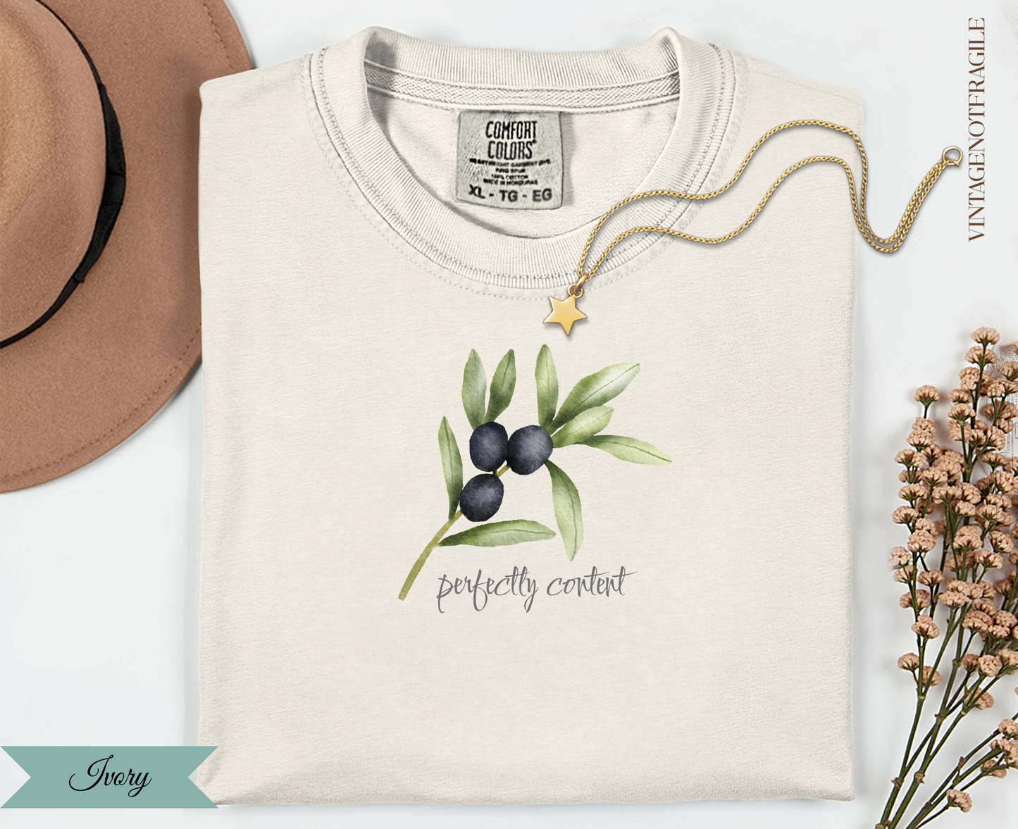 Ivory t-shirt with olive branch graphic and "perfectly content" text.
