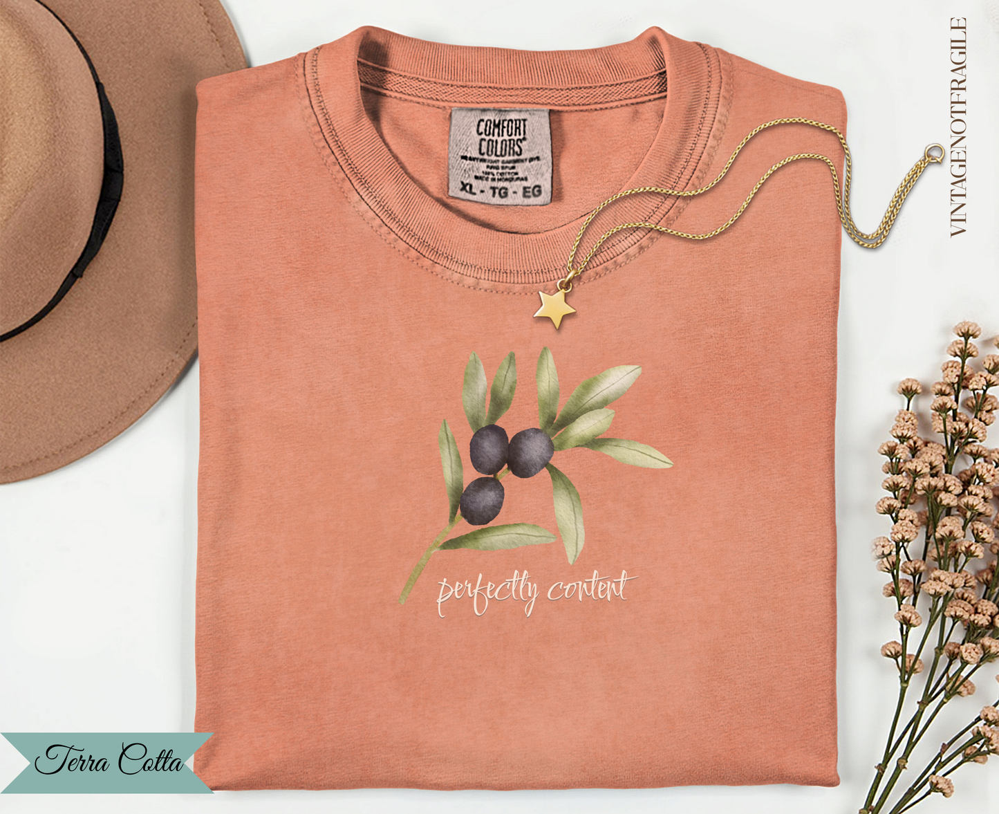 Peach t-shirt with olive branch and "perfectly content" text.