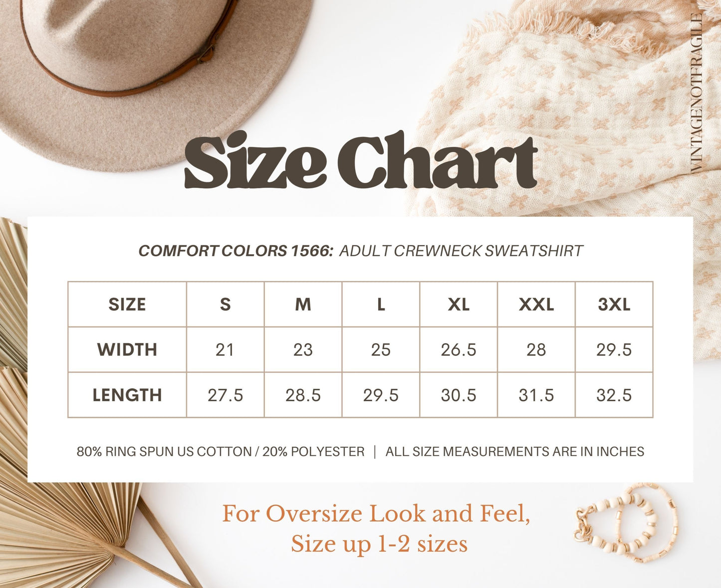 Comfort Colors 1566 sweatshirt size chart with width and length measurements in inches.