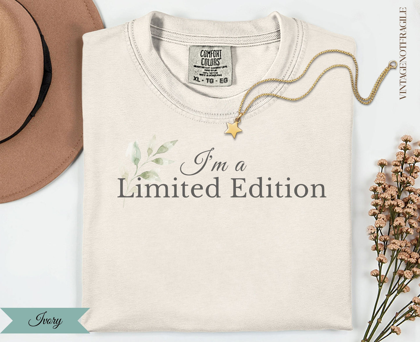 Cream t-shirt with "I'm a Limited Edition" text and floral accents.