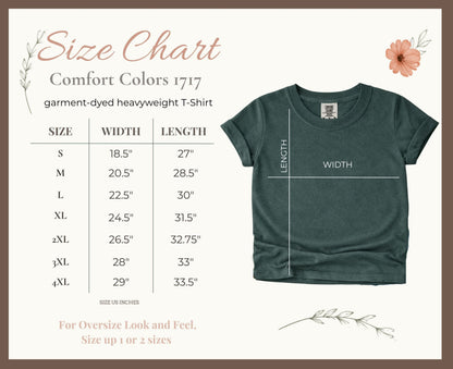 Comfort Colors 1717 t-shirt size chart with width and length in inches.