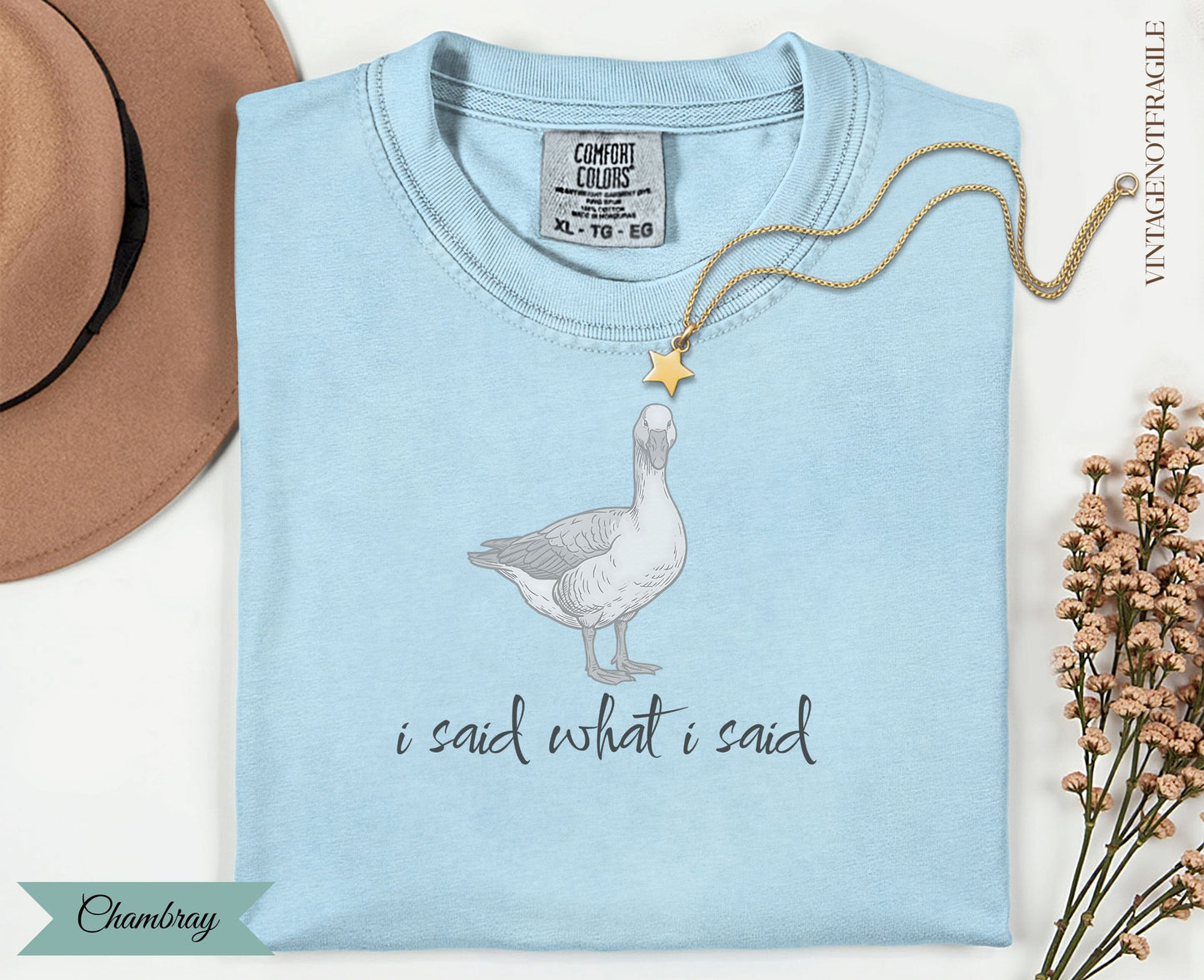Light blue Comfort Colors t-shirt with goose graphic and "i said what i said" text.