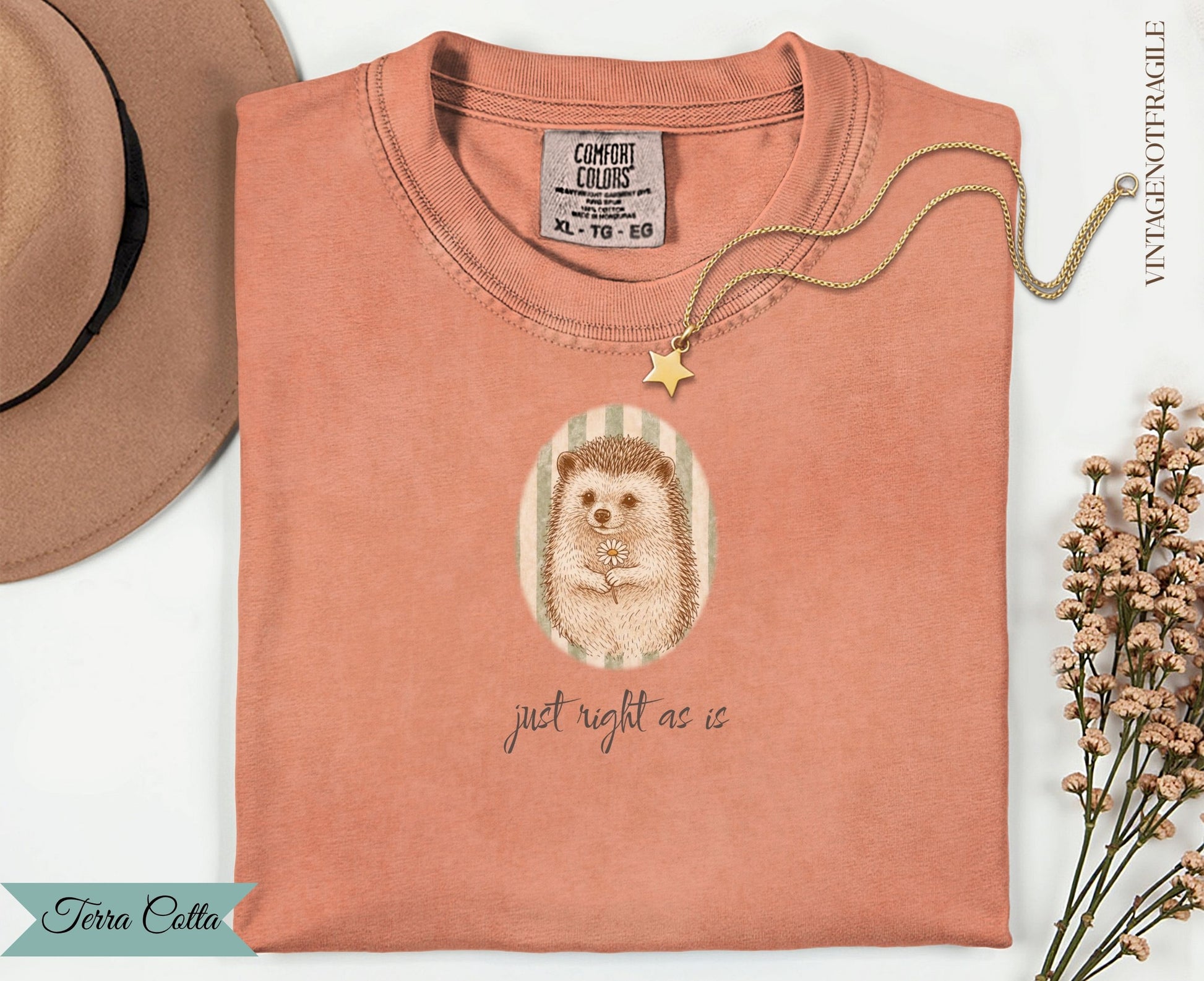 Terracotta t-shirt with hedgehog graphic and text "just right as is".