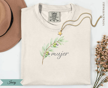 Ivory t-shirt with olive branch illustration and "mujer" text.