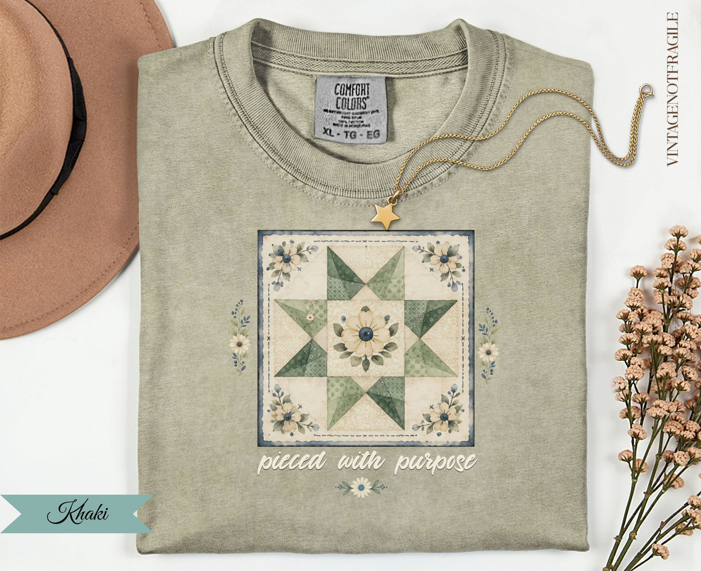 Khaki comfort colors t-shirt with quilted star design and "pieced with purpose" text.