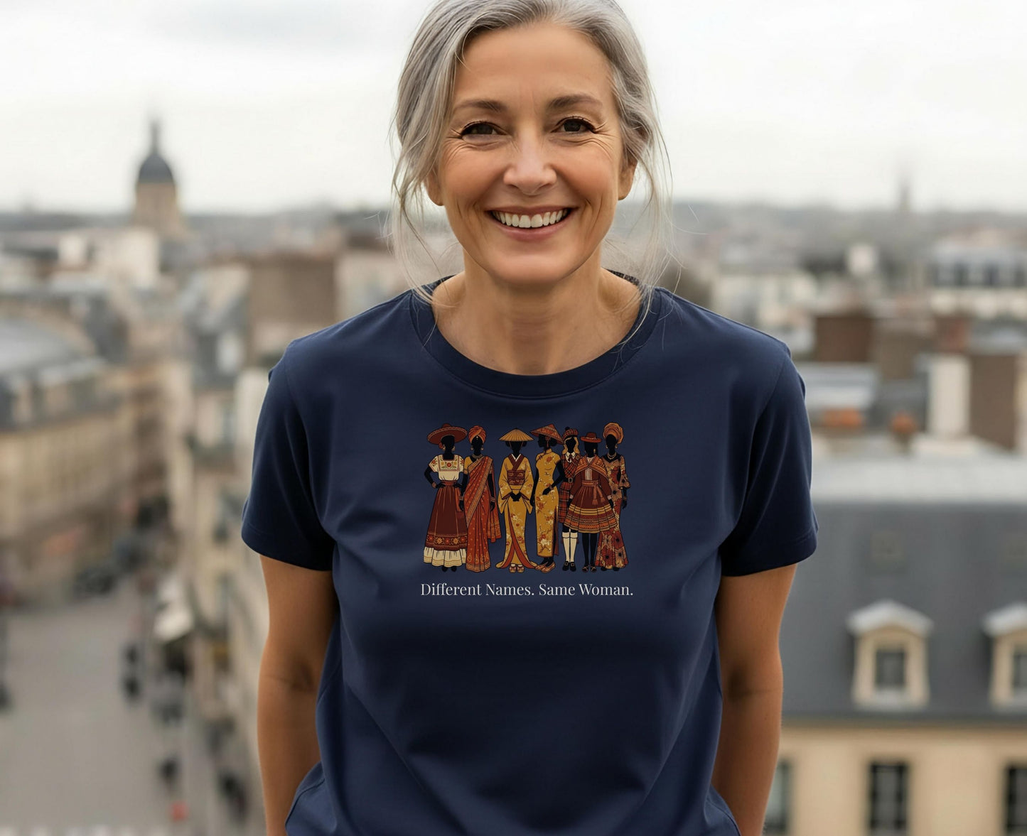 Navy t-shirt with diverse women in traditional attire and text "Different Names. Same Woman."