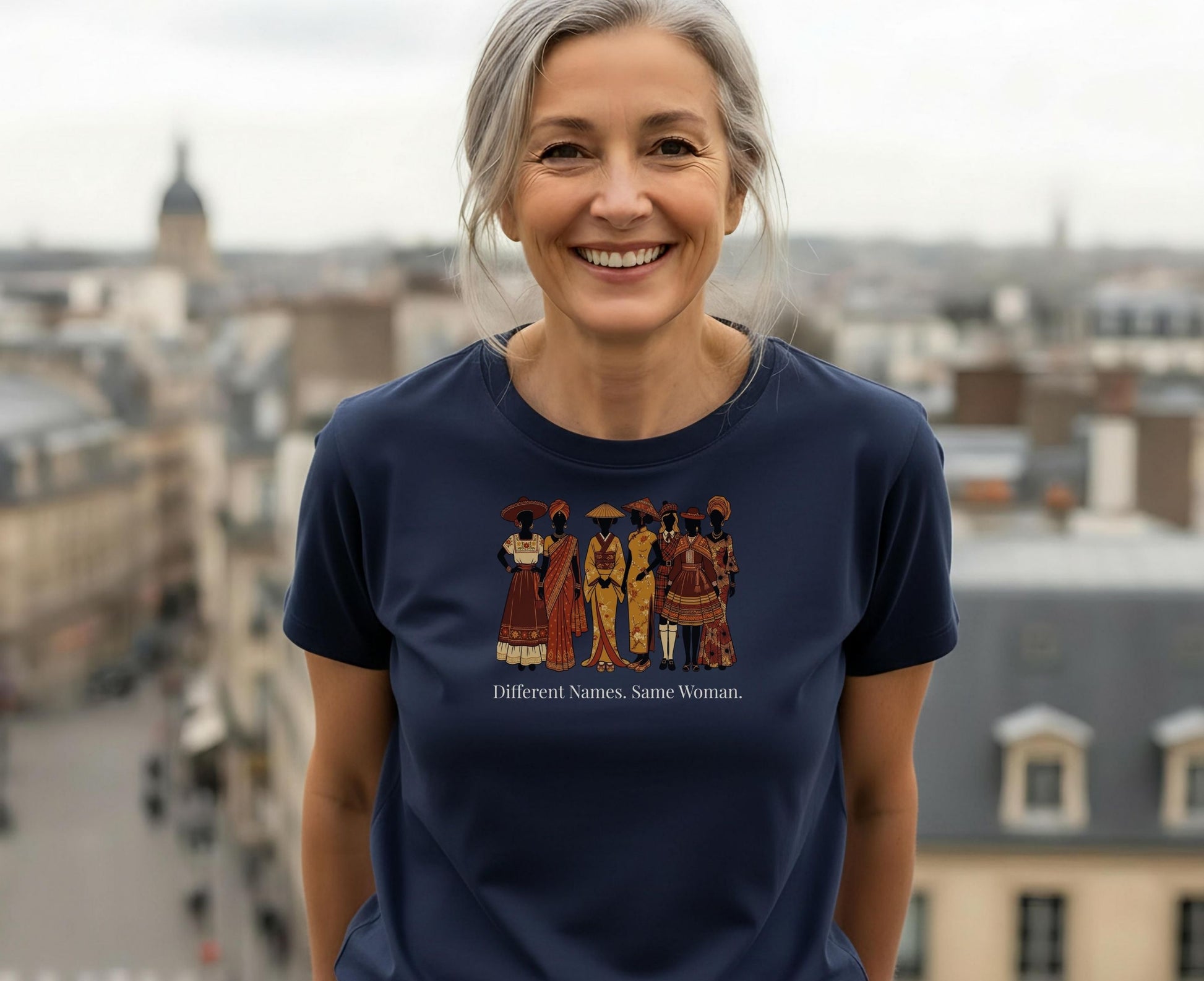 Navy t-shirt with diverse women in traditional attire and text "Different Names. Same Woman."