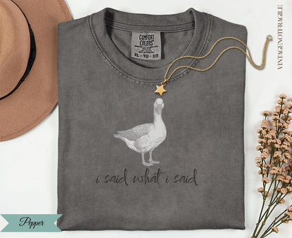 Gray t-shirt with goose illustration and "I said what I said" text.