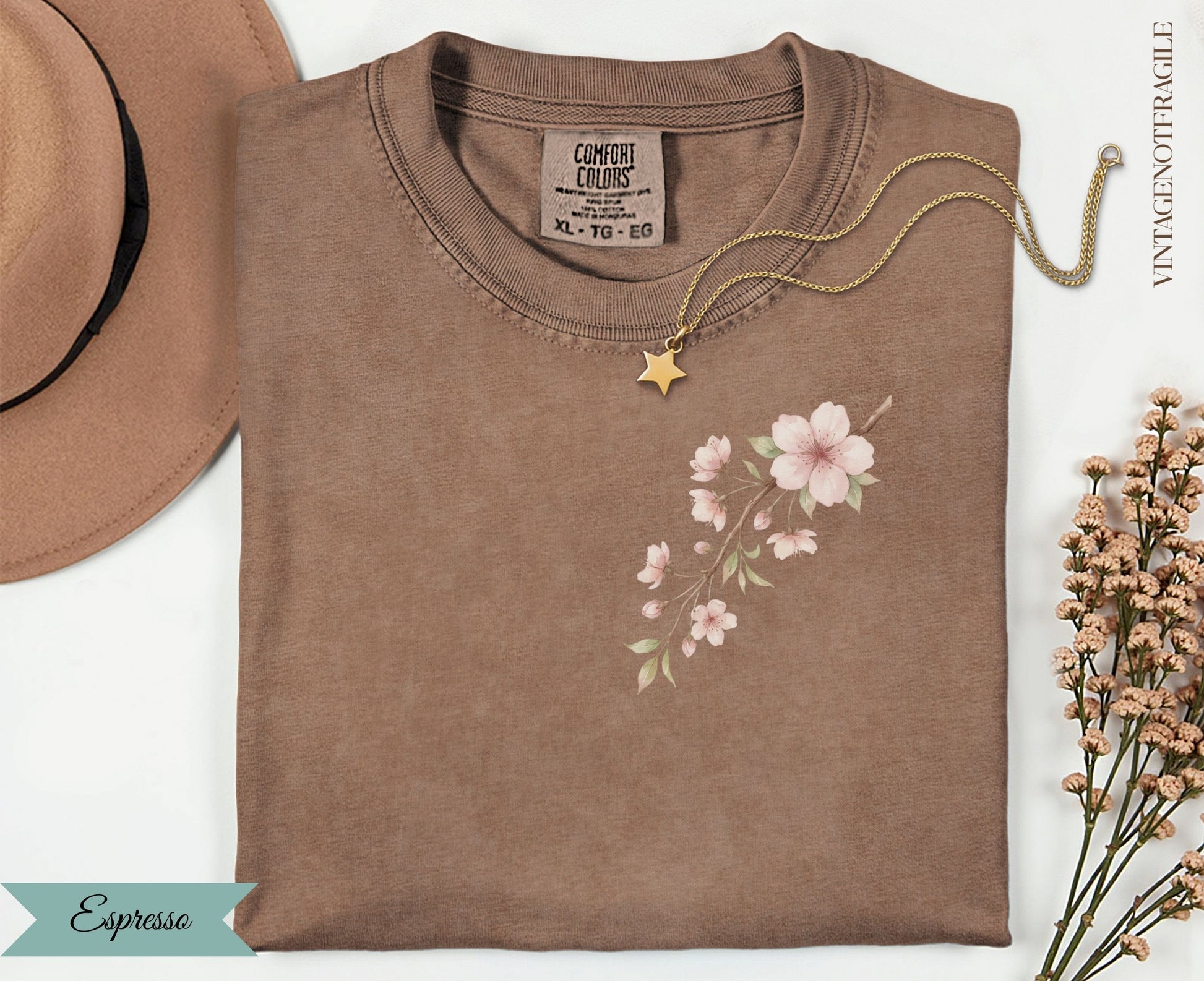 Brown t-shirt with pink floral design and "Espresso" text.