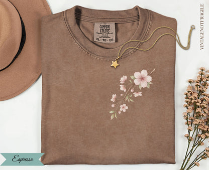 Brown t-shirt with pink floral design and "Espresso" text.