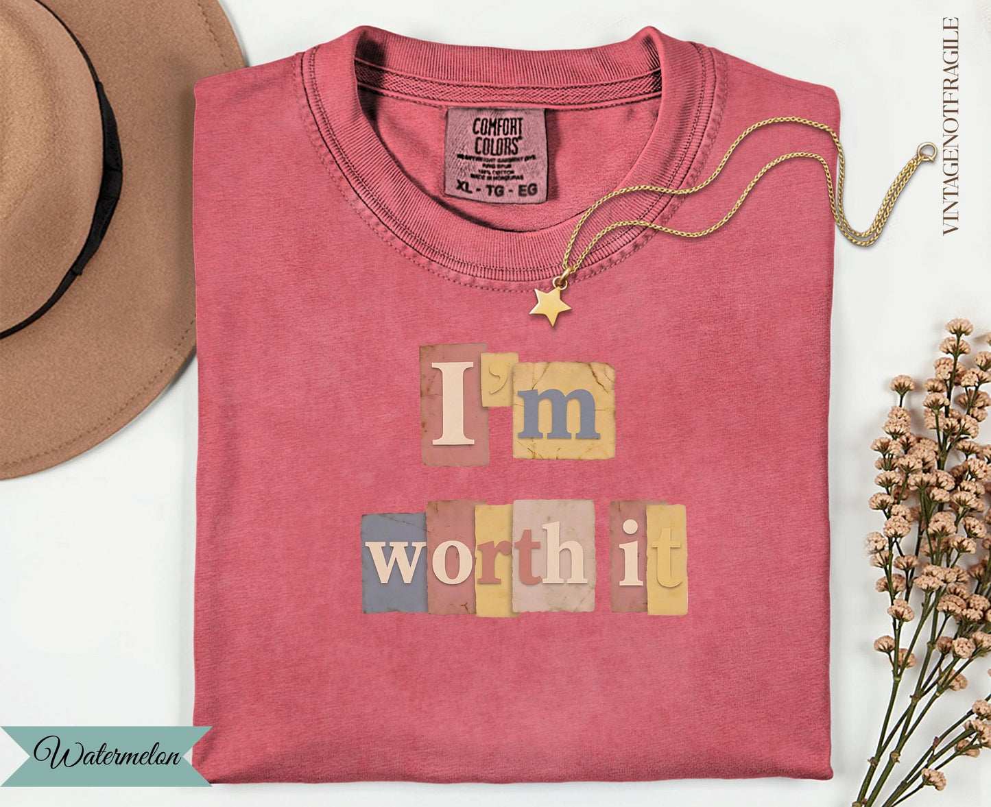 Pink t-shirt with "I'm worth it" in colorful letter blocks.