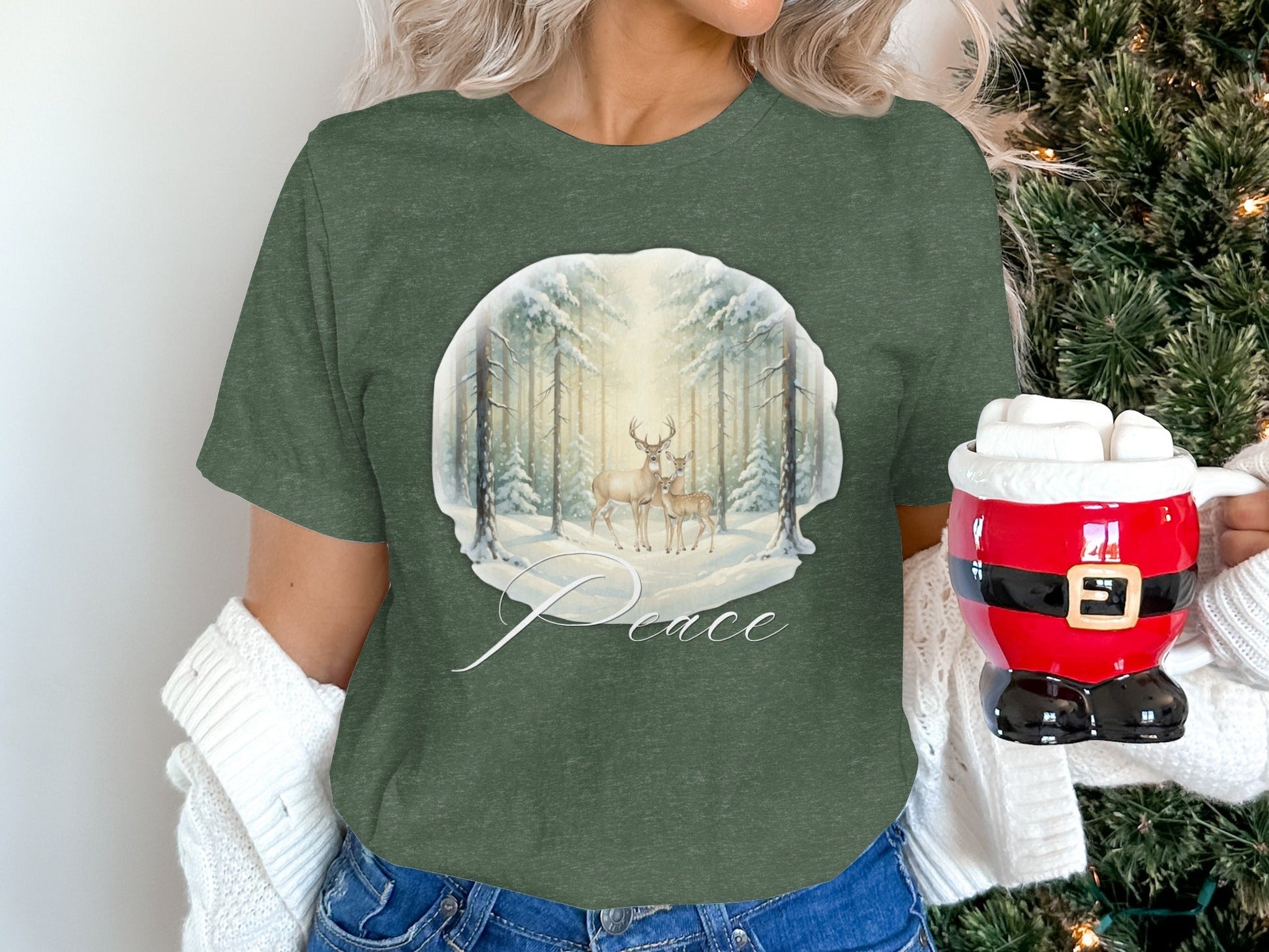 Peace Woodland Deer Holiday Scene T-Shirt