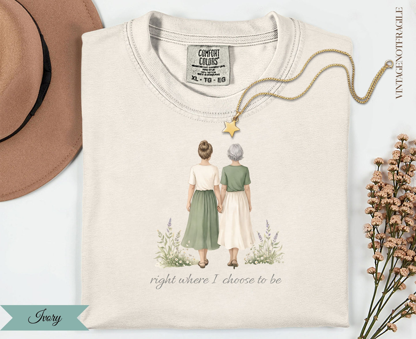 Illustration of two women holding hands, with text "right where I choose to be".