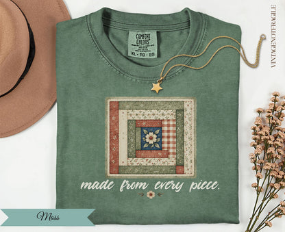 Green t-shirt with a quilt-like graphic and "made from every piece." text.
