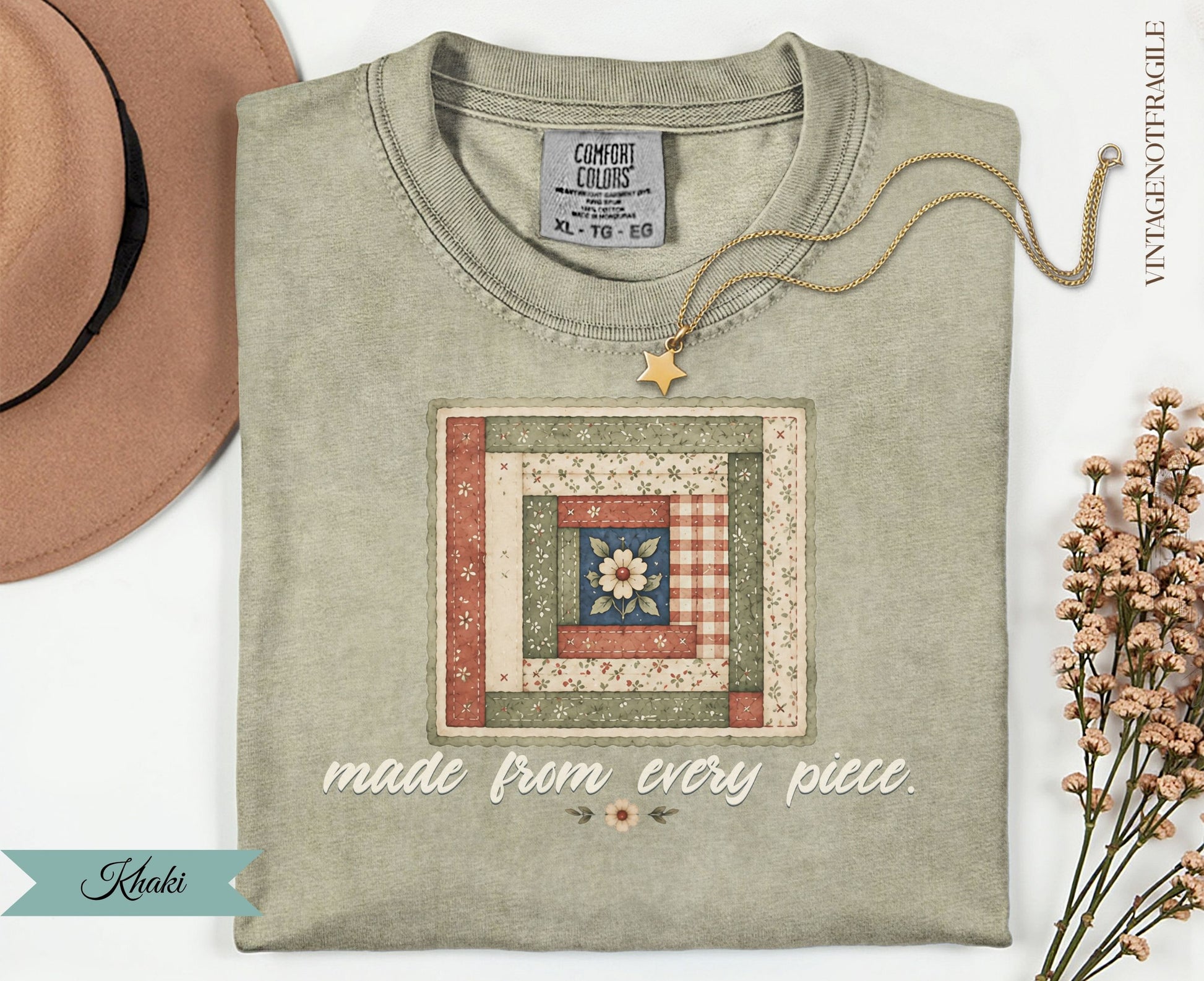 Khaki Comfort Colors t-shirt with a patchwork quilt graphic and "made from every piece" text.