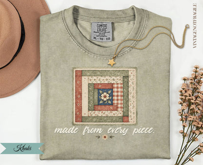 Khaki Comfort Colors t-shirt with a patchwork quilt graphic and "made from every piece" text.