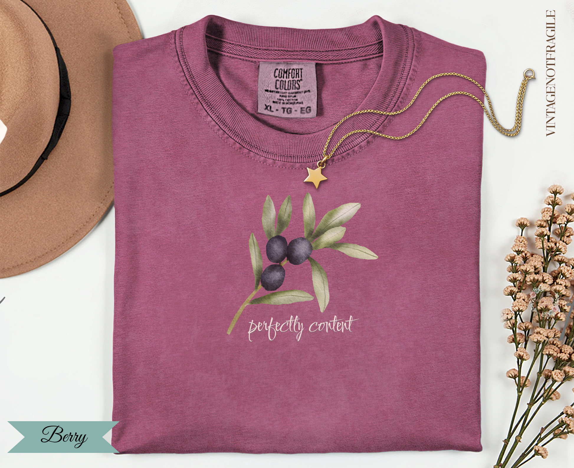 Berry Comfort Colors t-shirt with olive branch and "perfectly content" text.