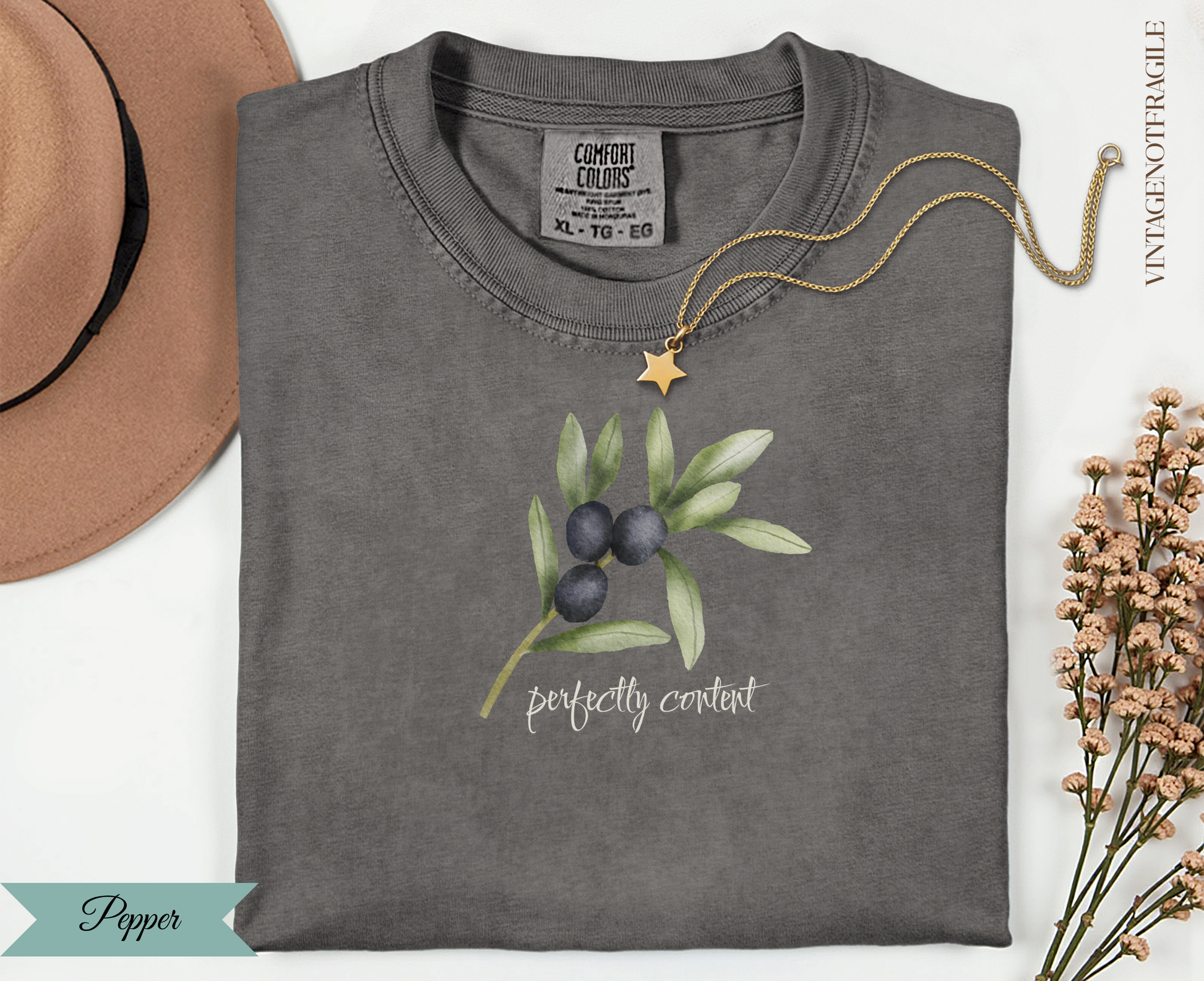 Charcoal t-shirt with olive branch illustration and "perfectly content" text.