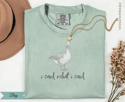 Light sage t-shirt with goose graphic and text "i said what i said".