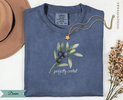 Blue t-shirt with olive branch and "perfectly content" text.