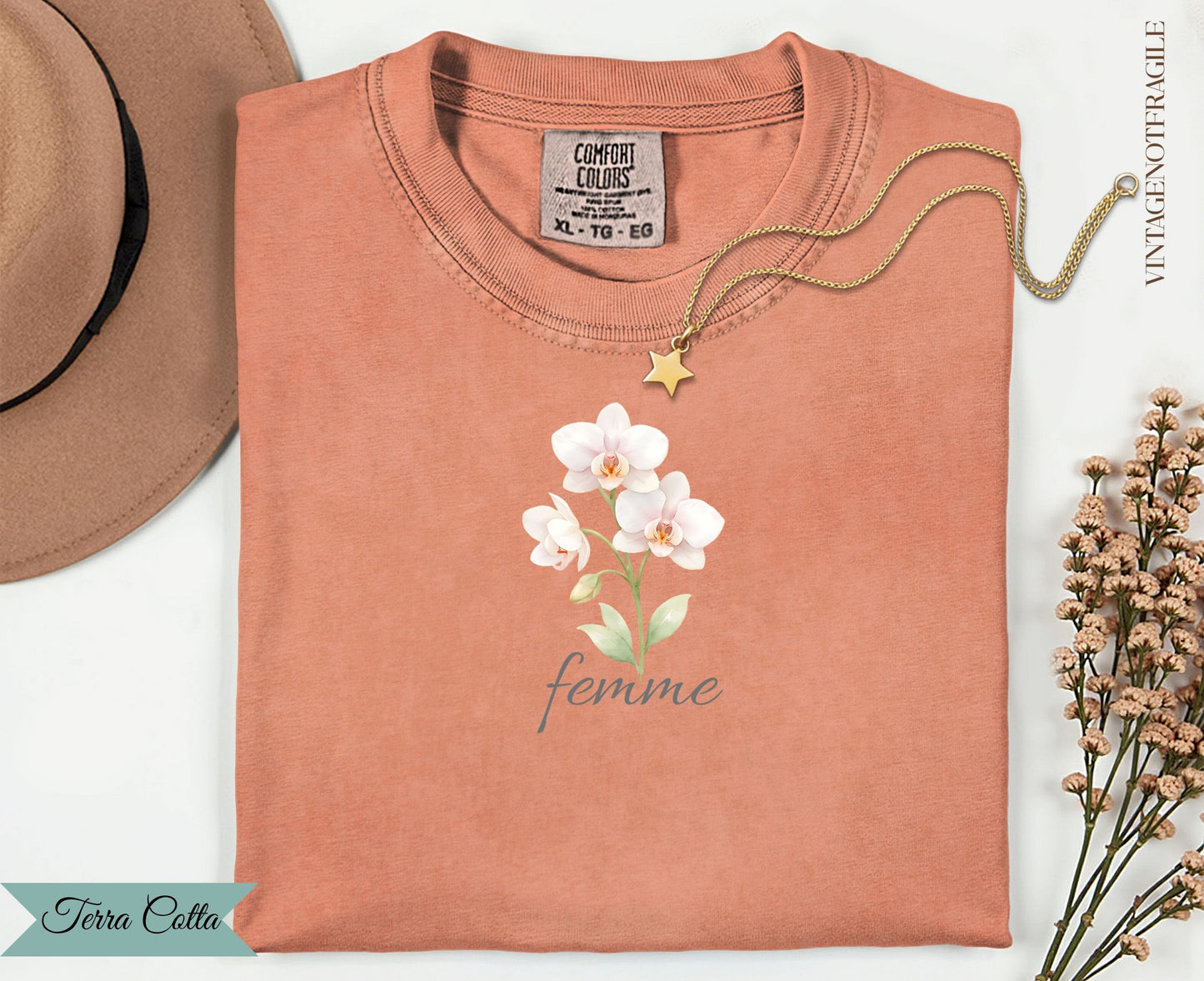 Comfort Colors t-shirt with white orchids and "femme" text.