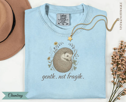 Light blue t-shirt with hedgehog graphic and "gentle. not fragile." text.