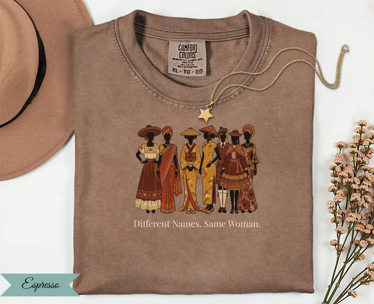 T-shirt with diverse women illustration and text "Different Names. Same Woman."