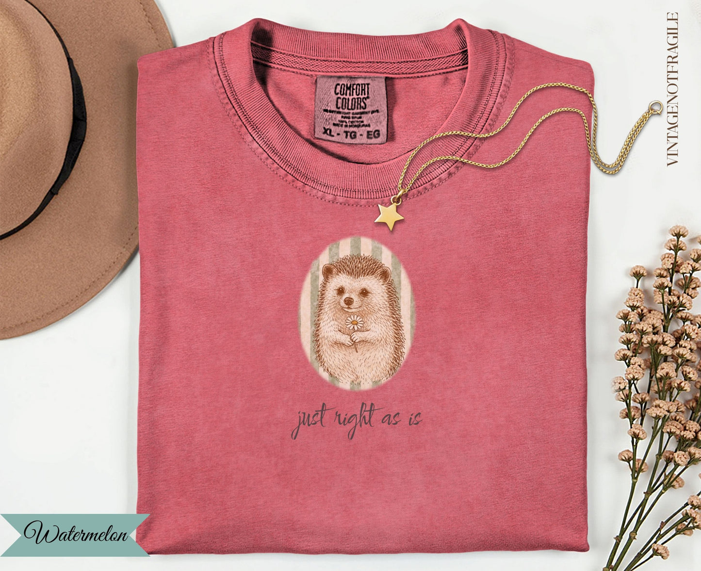 Pink t-shirt with hedgehog graphic and text "just right as is".