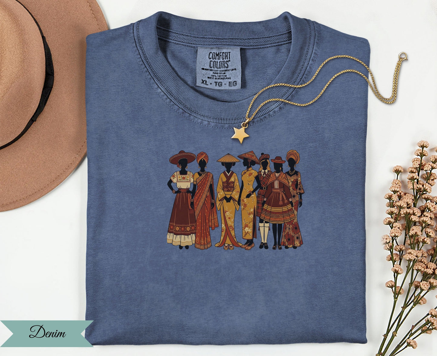 Blue t-shirt with women in traditional attire and "Denim" graphic.