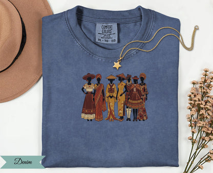 Blue t-shirt with women in traditional attire and "Denim" graphic.