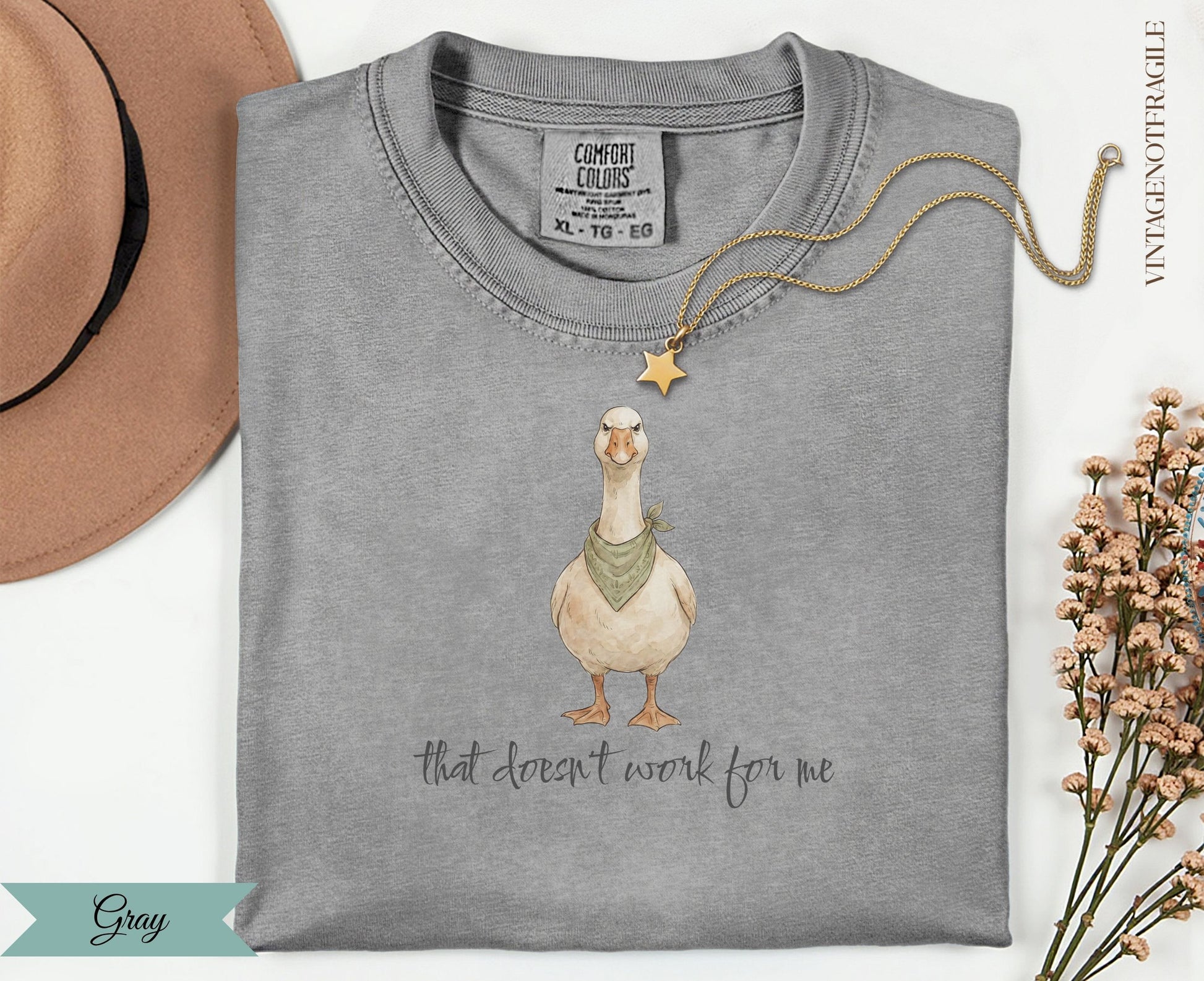 Gray Comfort Colors t-shirt with duck graphic and "that doesn't work for me" text.