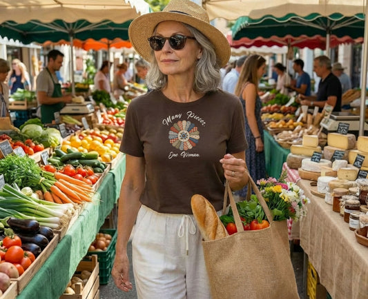 Woman in straw hat and brown shirt with "Many Pieces One Woman" text at market stall.