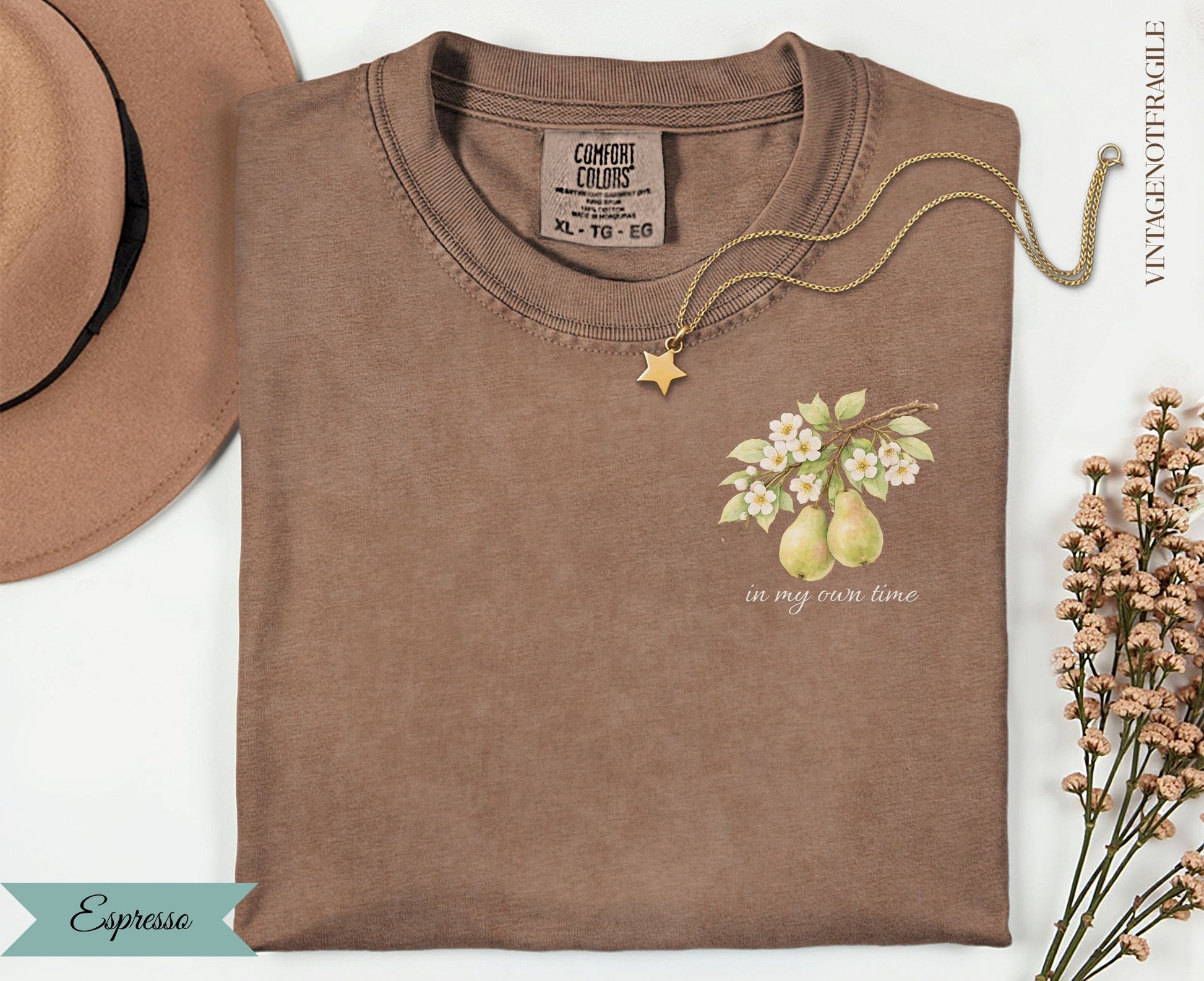 Brown Comfort Colors t-shirt with "in my own time" text and pear illustration.