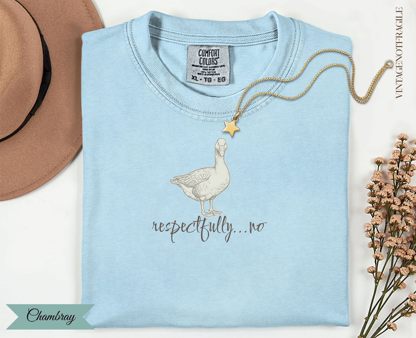 Light blue t-shirt with a goose illustration and "respectfully...no" text.
